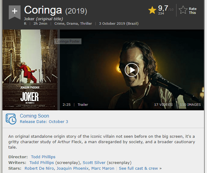 Coringa IMDB nota